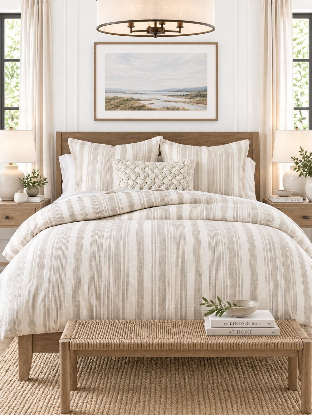 Pottery Barn Hawthorn Stripe King/Cal King Duvet Cover + 2 King Shams Taupe